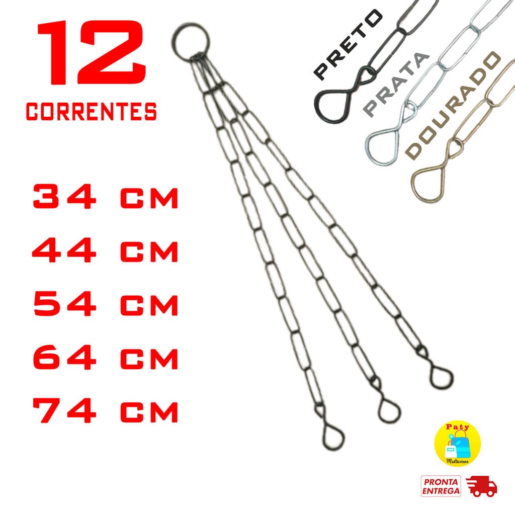 Kit 12 Corrente de pendurar vasos metal prato gancho 34 44 54 64 74 cm