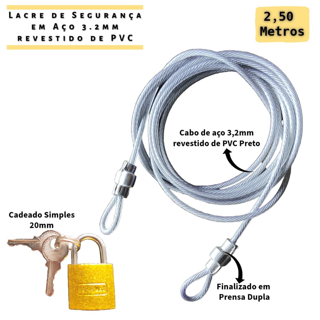 Kit 1 Cabo de Aço Multiuso de Segurança 2,50 Metros Revestido + Cadeado 20mm  Trava Ziper Malas Bagagens Capacete Bolsa