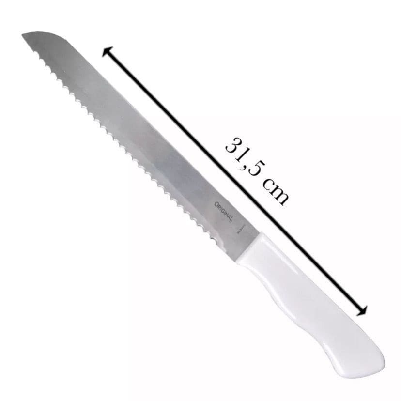 Faca de Pão Bolo Torta Lâmina Aço Inox 8 Polgadas 32,5cm Cabo Plástico Branco Cozinha Serra Serrilha
