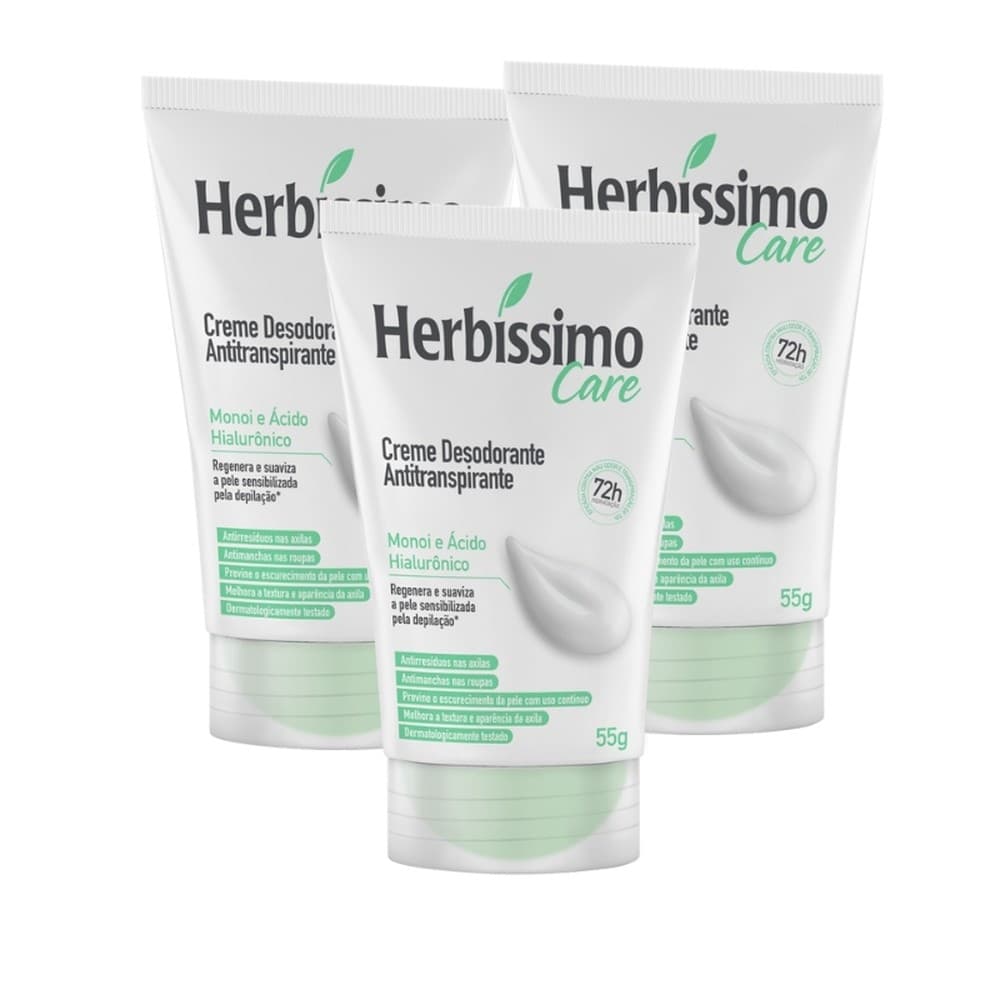 Kit Creme Desodorante Antitranspirante Herbíssimo Care Monoi E Ácido Hialurônico 55g (3 unidades)