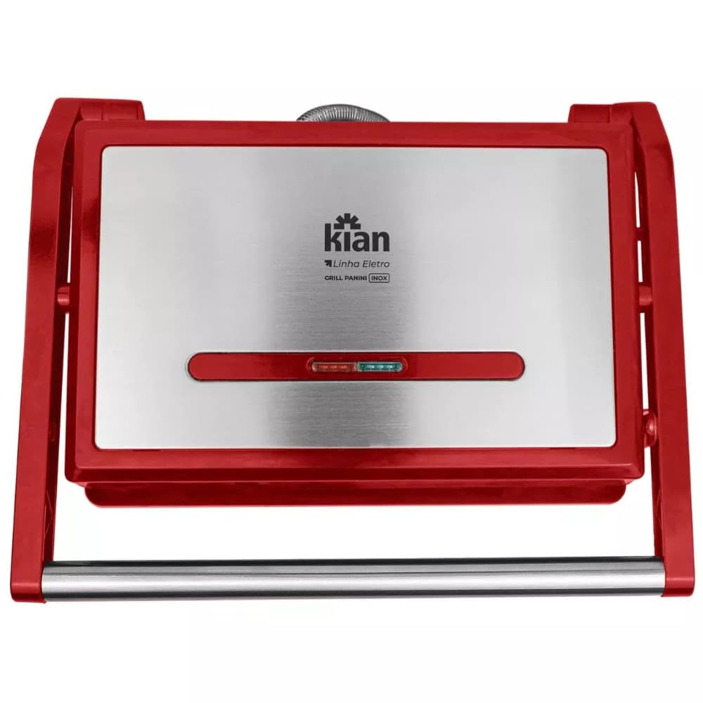 Grill e Sanduicheira Elétrico Panini 1200W Kian Inox com Chapas Antiaderentes, Vermelha, 127V