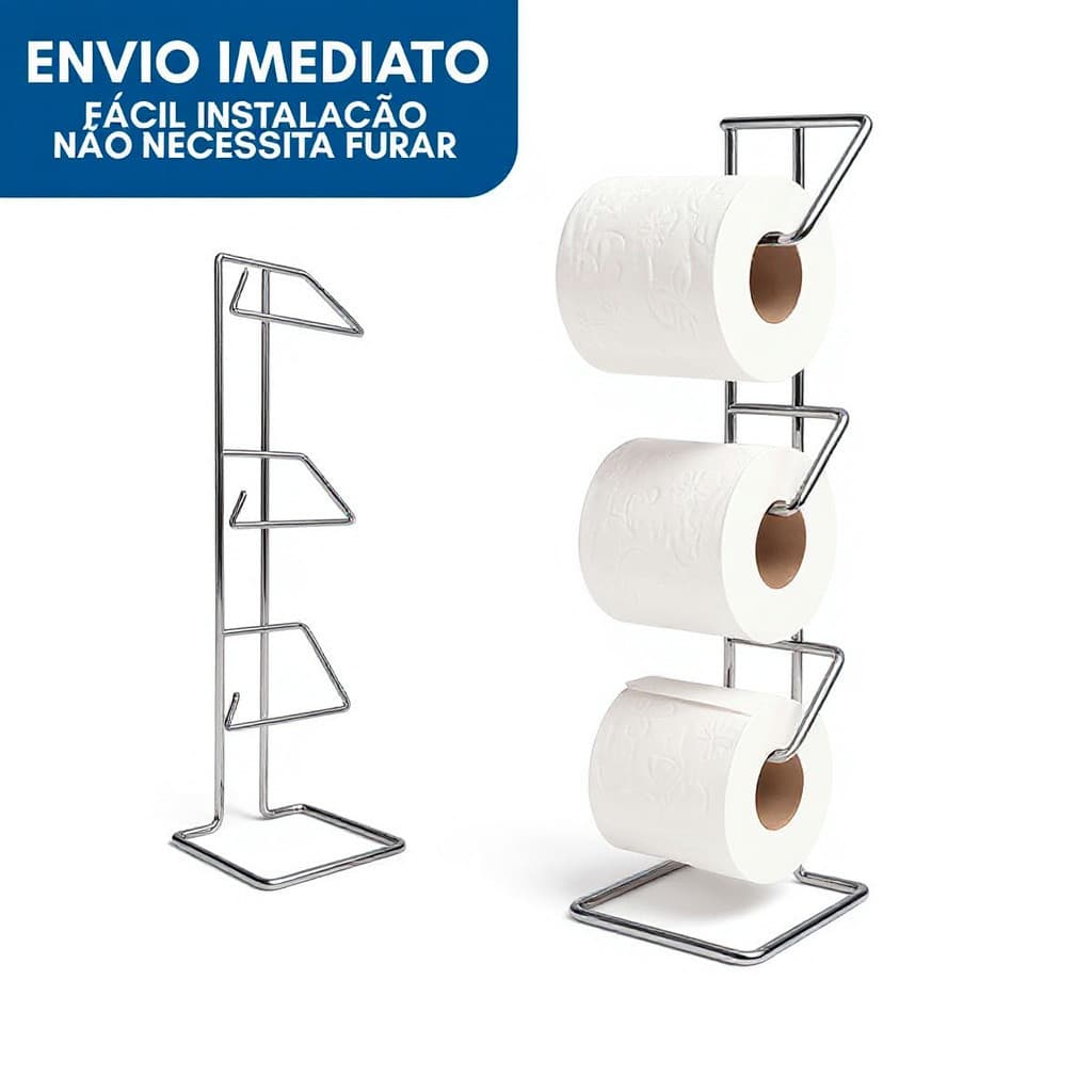 Suporte Porta Papel Higiênico Triplo de Chão Sem Furos Resistente Elegante Cromado