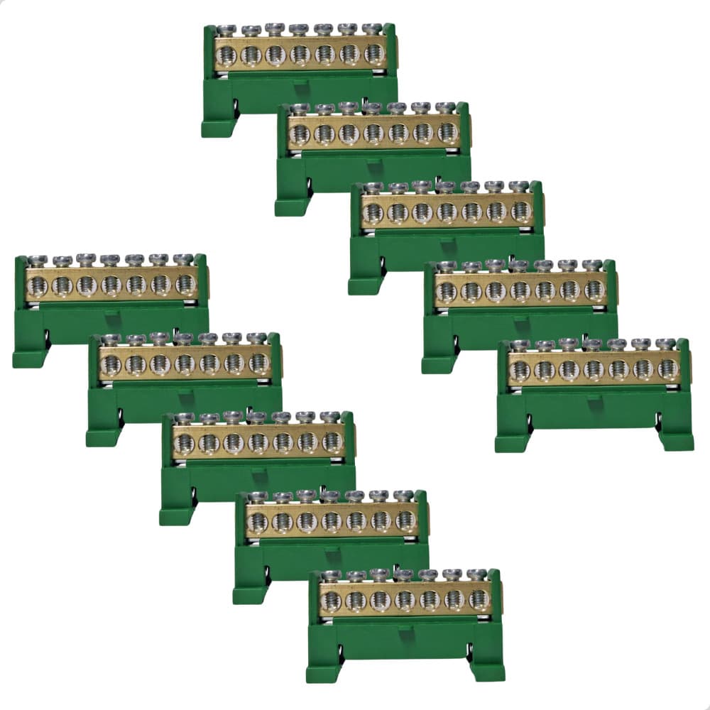 Kit 10 Barramentos Borneira Terra 7 Vias Verde 1,5-16mm²