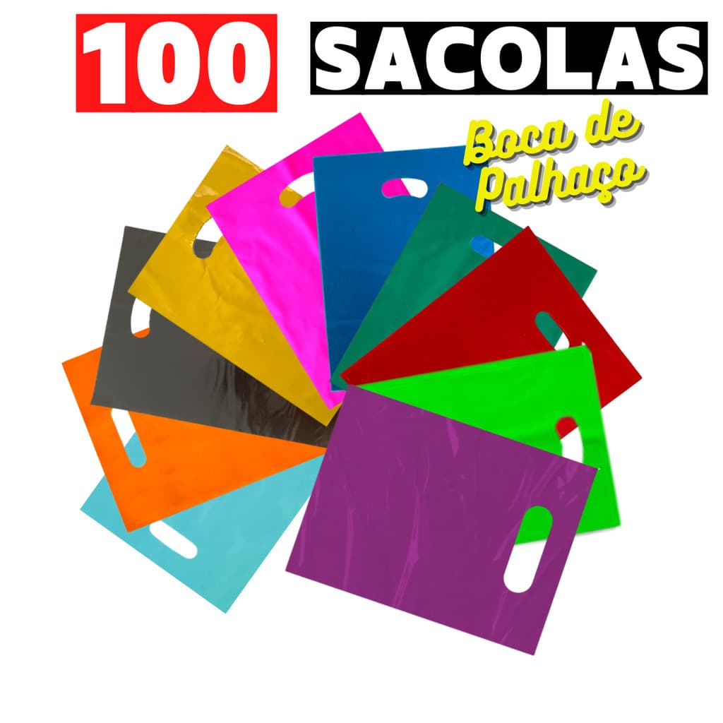 100 Sacolas Boca de Palhaço 15x20, 20x30, 25x35, 30x40 e 40x50 Sacolinhas Alça Vazada Várias Cores Para Lojas