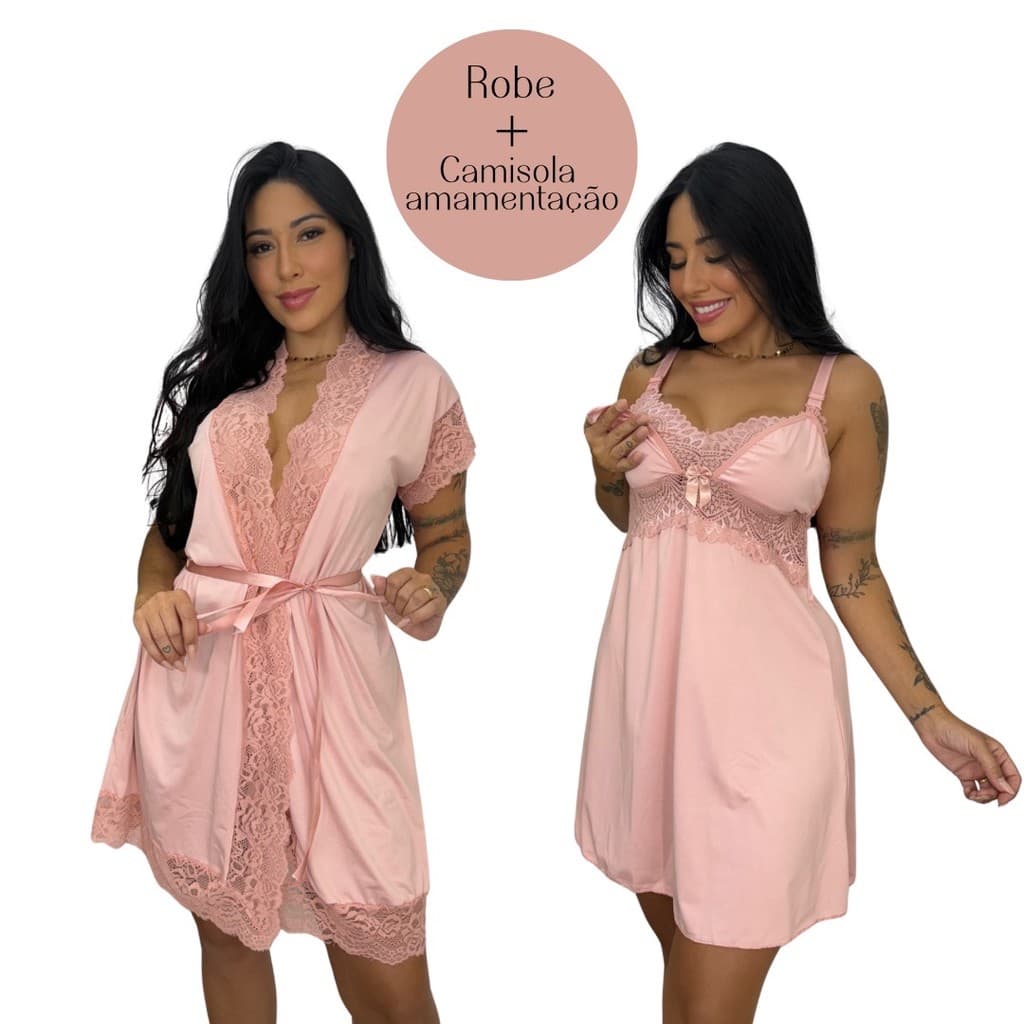 Kit Robe Roupão e Camisola Amamentação Pós Parto Liso Renda Maternidade Gestante