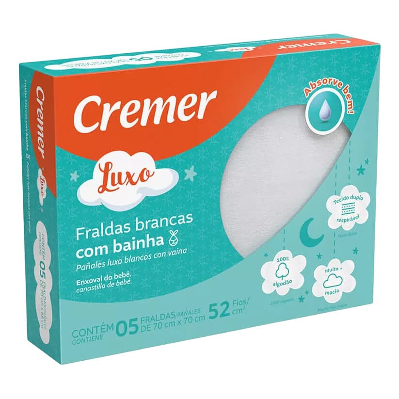 Fralda Cremer Luxo Branco C/bainha Cx/5 Unid.  Tamanho 70x68