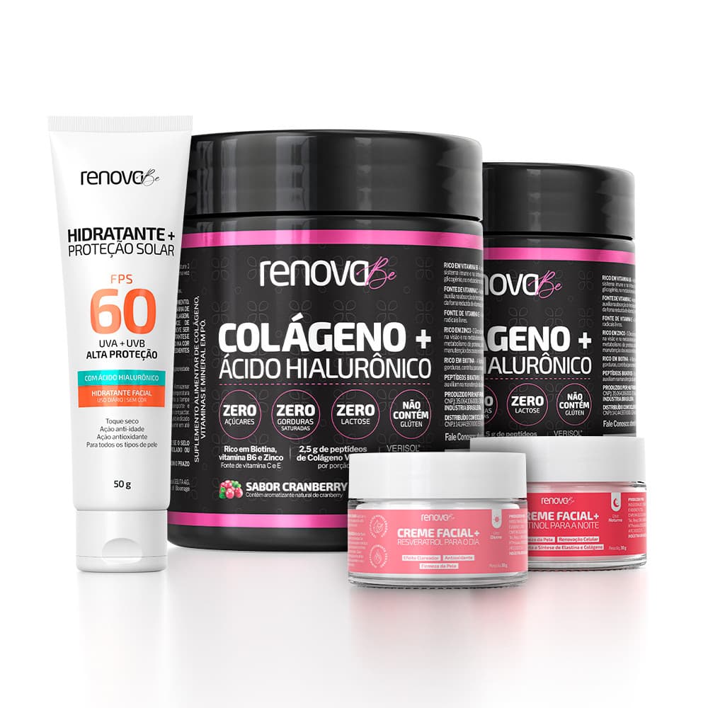 Kit 2 Colágenos Verisol + 2 Cremes Facial Dia e Noite + Hidratante com Proteção FPS 60 - Renova Be