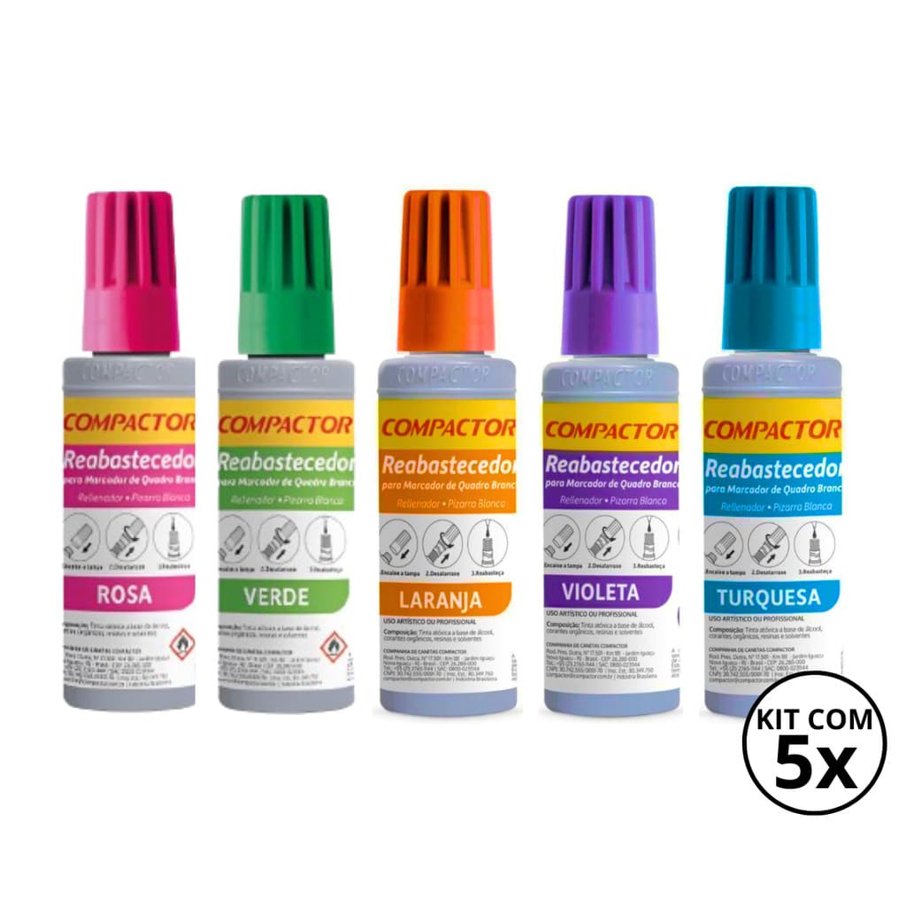 Kit 5 Reabastecedores  Refil Para Quadro Branco Compactor  30ml COR:KIT4