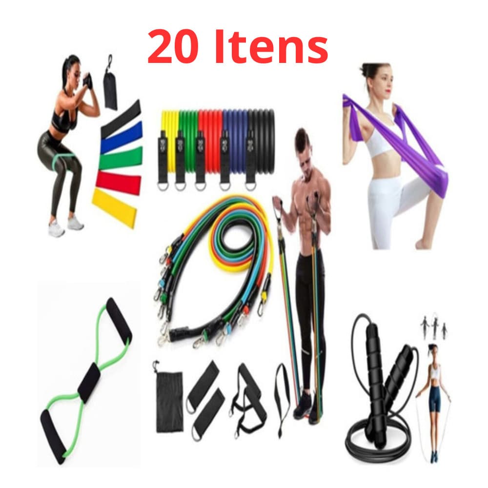kit 20 Itens  de Treino em casa  Elásticos + Mini Band + Thera Band + Corda De Pular acessórios esportivos