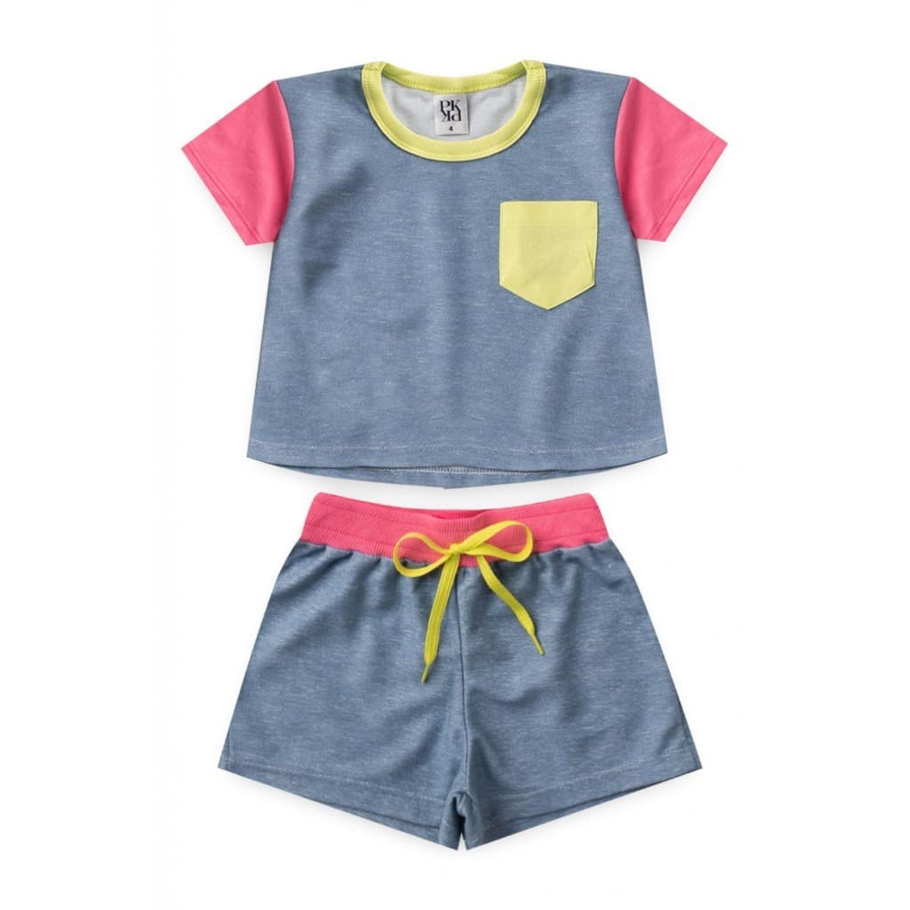 Conjunto Feminino Infantil Verão Jeans Rosa e Verde