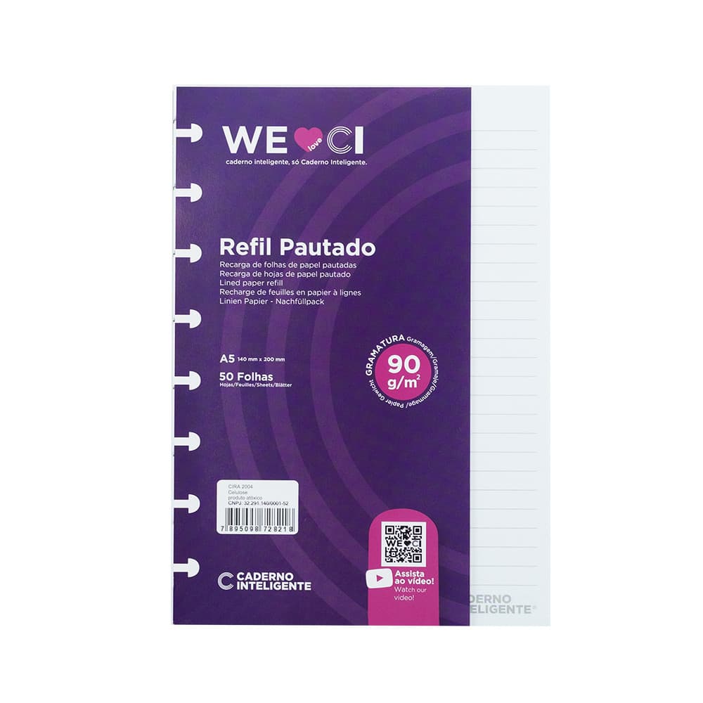 Refil de Folhas Pautado A5 90g CADERNO INTELIGENTE