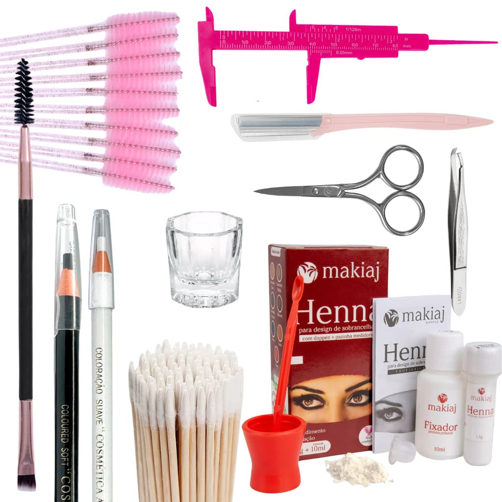 Kit Sobrancelha Henna Makiaj - Kit Paquimetro + Pincel + Dappen + Lápis + Escovinha + Palito Henna