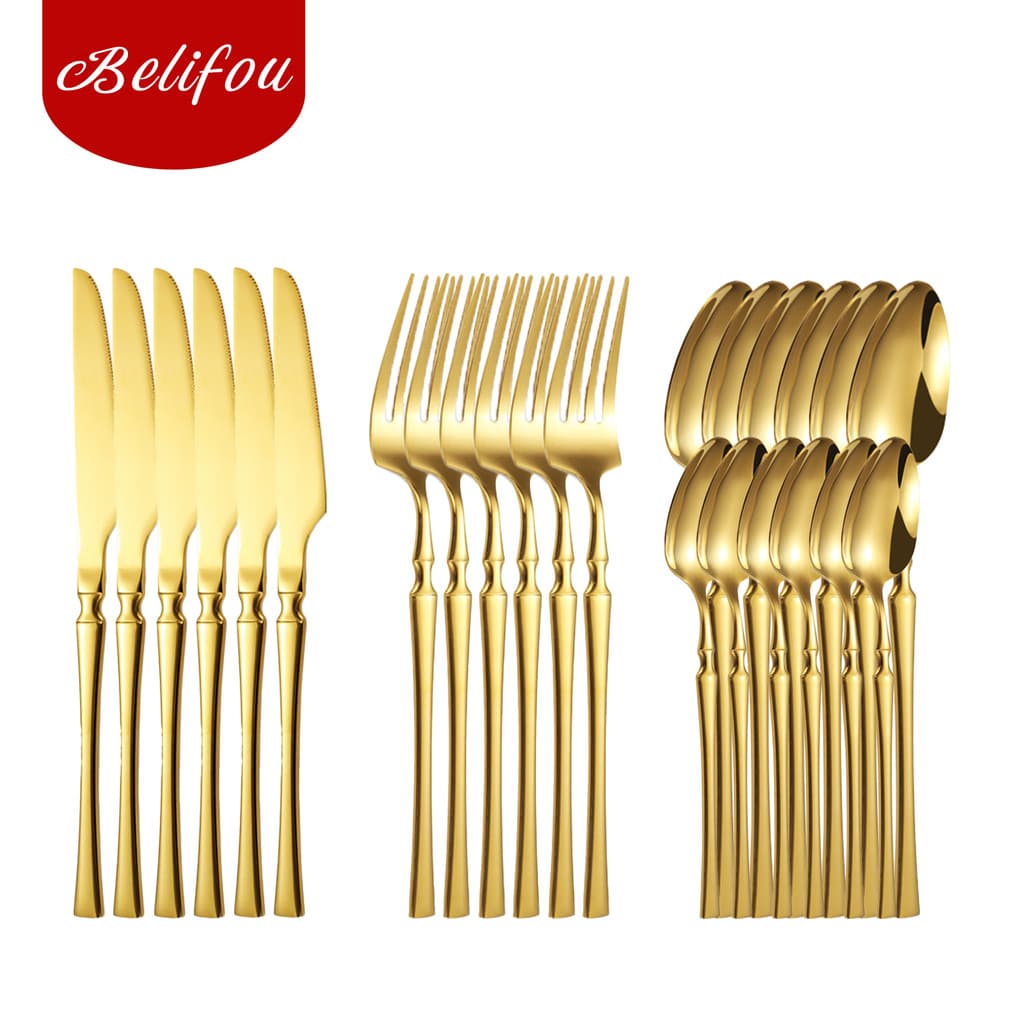 Belifou Kit 24 Jogo De Talheres Aço Inoxidável 416 Cintura Fina Dourado