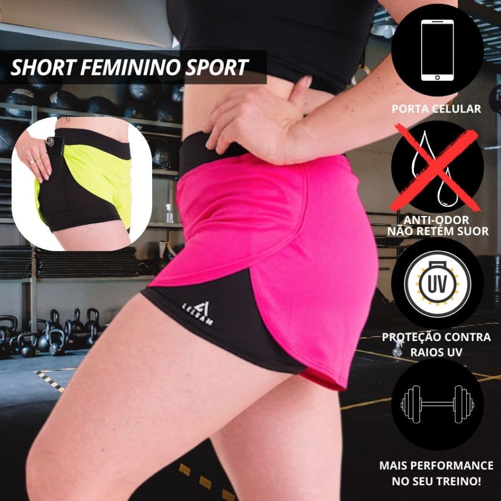 Short Feminino 2 em1 Dryfit Academia Bermuda Dupla Caminhada Corrida Treino  com BOLSO ANTIQUEDA
