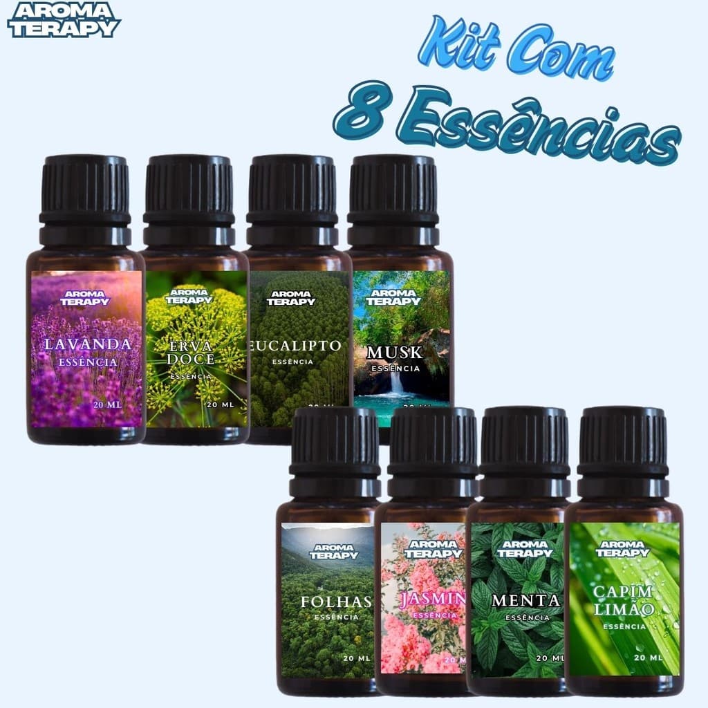 Kit de 8 Essências Hidrossolúveis 20ml | Para Umidifccador, Difusor de Ar e Ambiente | Essências Refrescantes