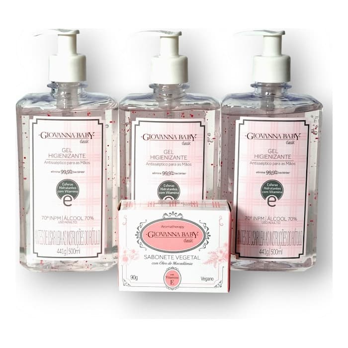 Kit 3 Álcool em Gel Higienizante + Sabonete em Barra Vegetal Giovanna Baby Classic 90g