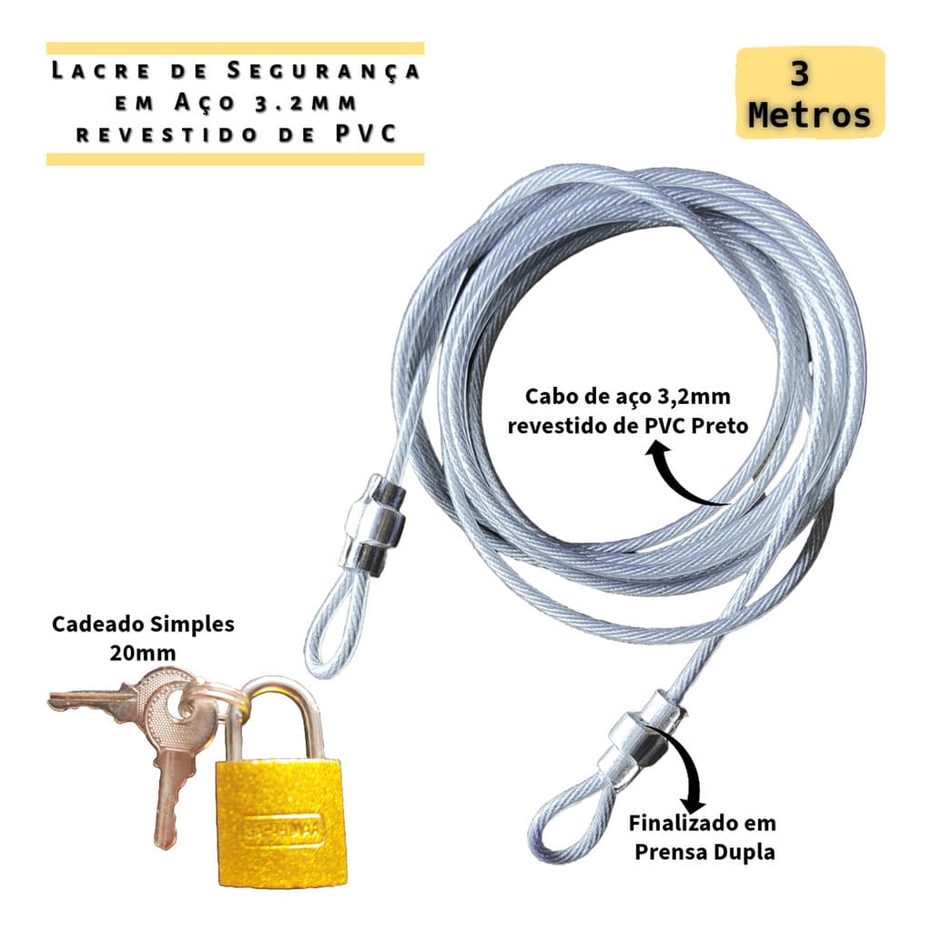 Kit 1 Lacre Cabo Segurança 3 Mts+ Cadeado 20mm Bag Bike Bolsa Security Collor