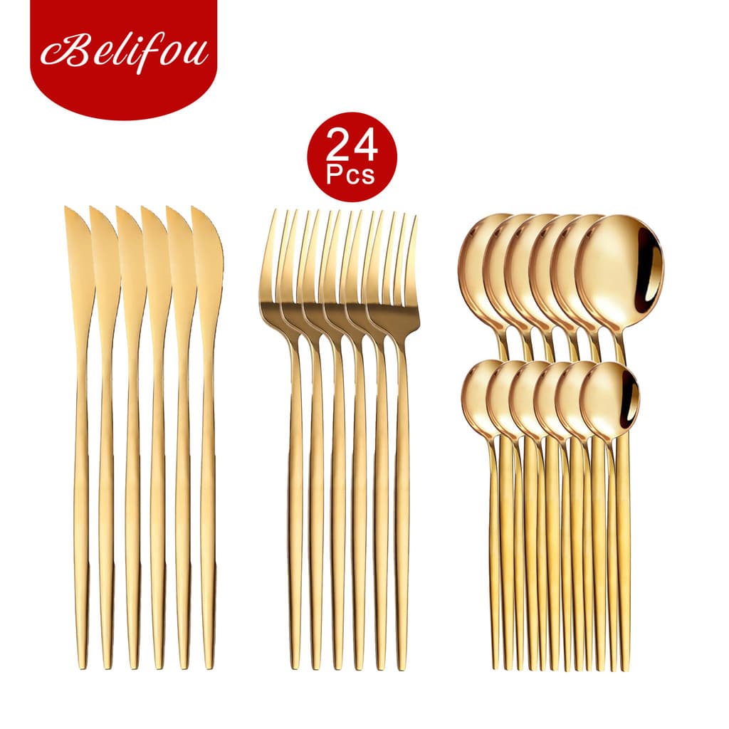 Belifou Kit 24/48 Natal Jogo De Talheres Aço Inoxidável 416 Dourados Conjunto de tabela