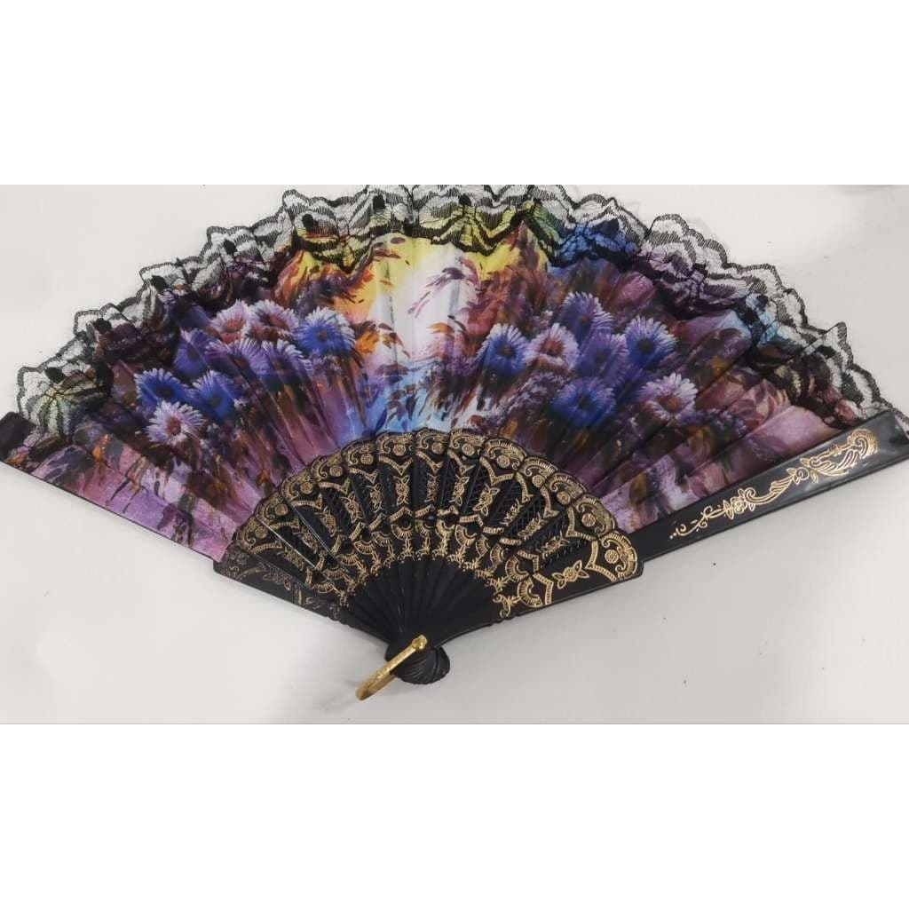 Leque De Mão Tecido Estampado Com Renda Preto Leques  Cigano Tecido Floral Estampado Chique Barato Resistente Luxo