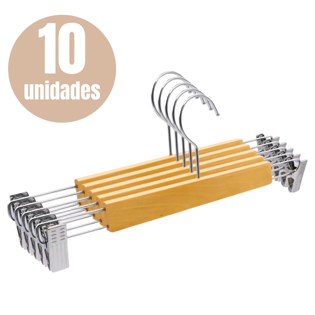 Kit 10 Cabides Madeira Presilha Reto Envernizado Marfim Adulto Premium Calça Vestido Saia Bermuda