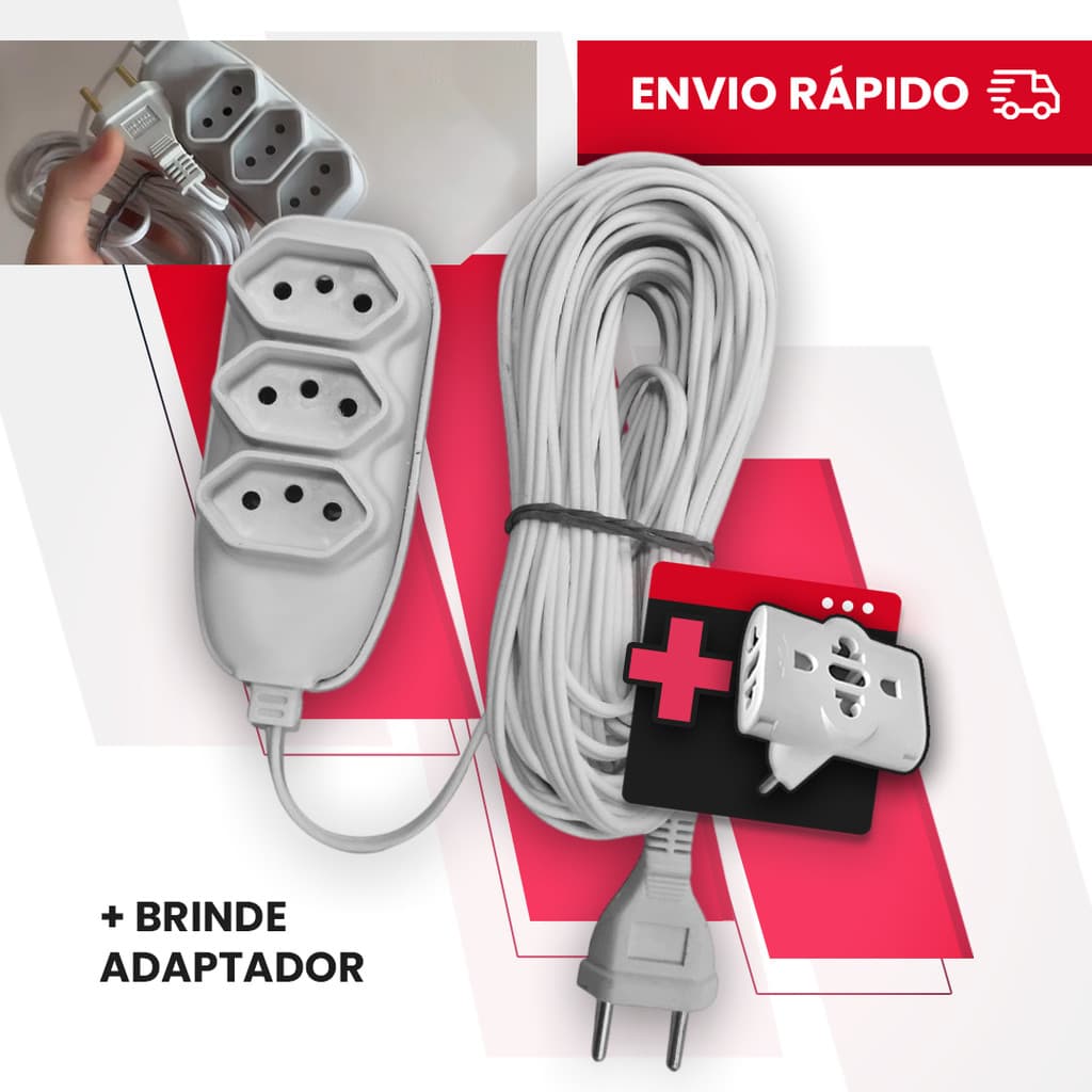 Extensão Elétrica 2, 3, 5, 10 Metros Branca Compacta + adaptador Tripolares Energia 3 Tomadas bivolt