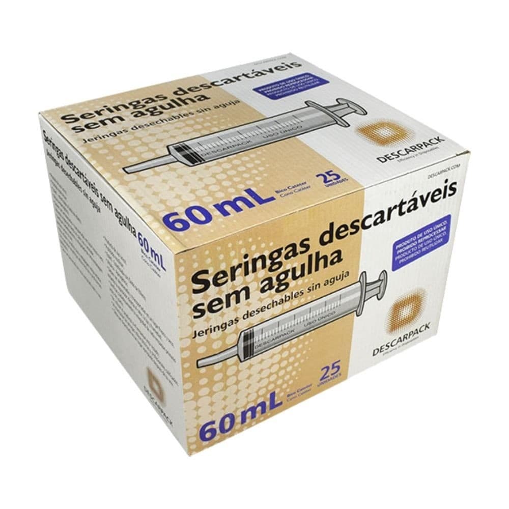 Seringa HiPodérmica Bico Cateter 60ml Sem Agulha Descarpack Com 25 Unidades