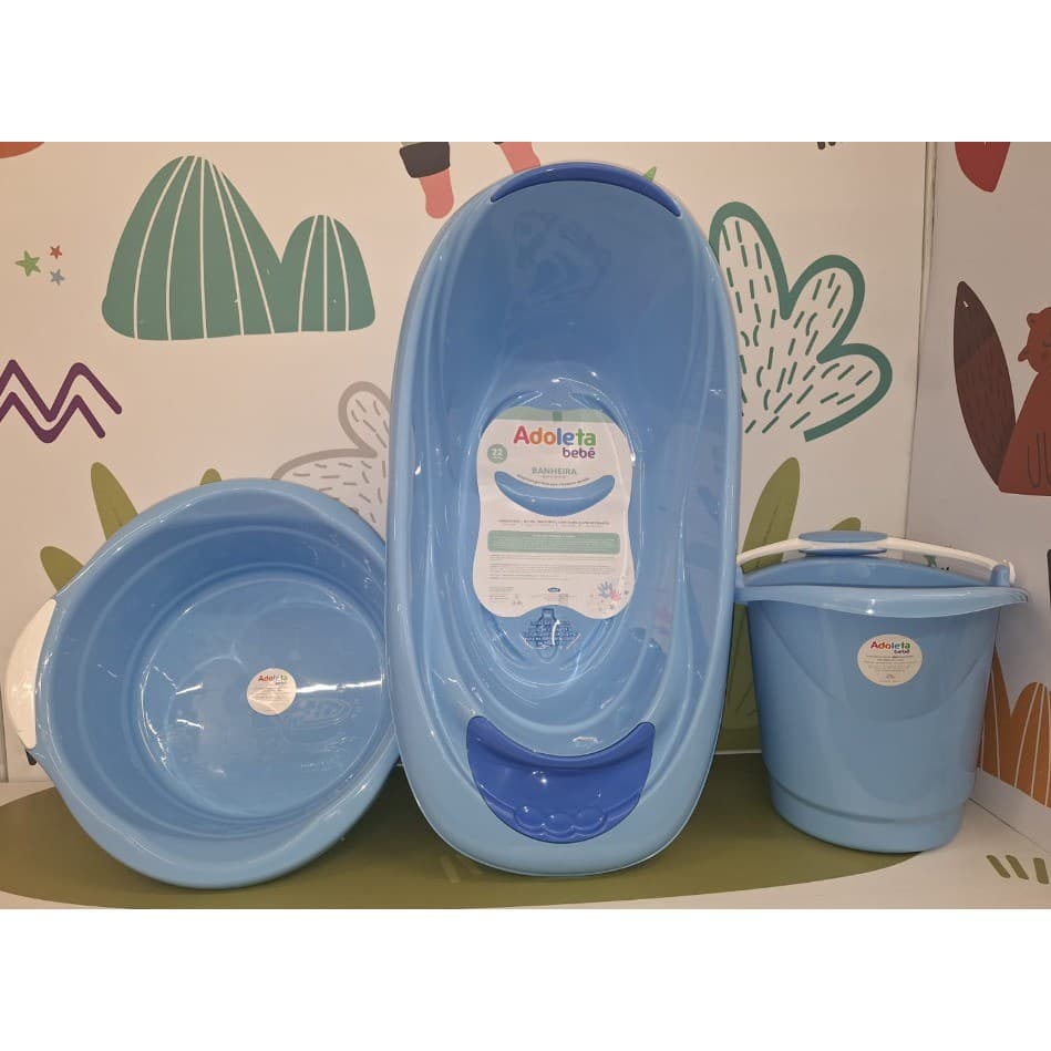 KIt Banheira De Bebê Adoleta Com Balde e Bacia Azul