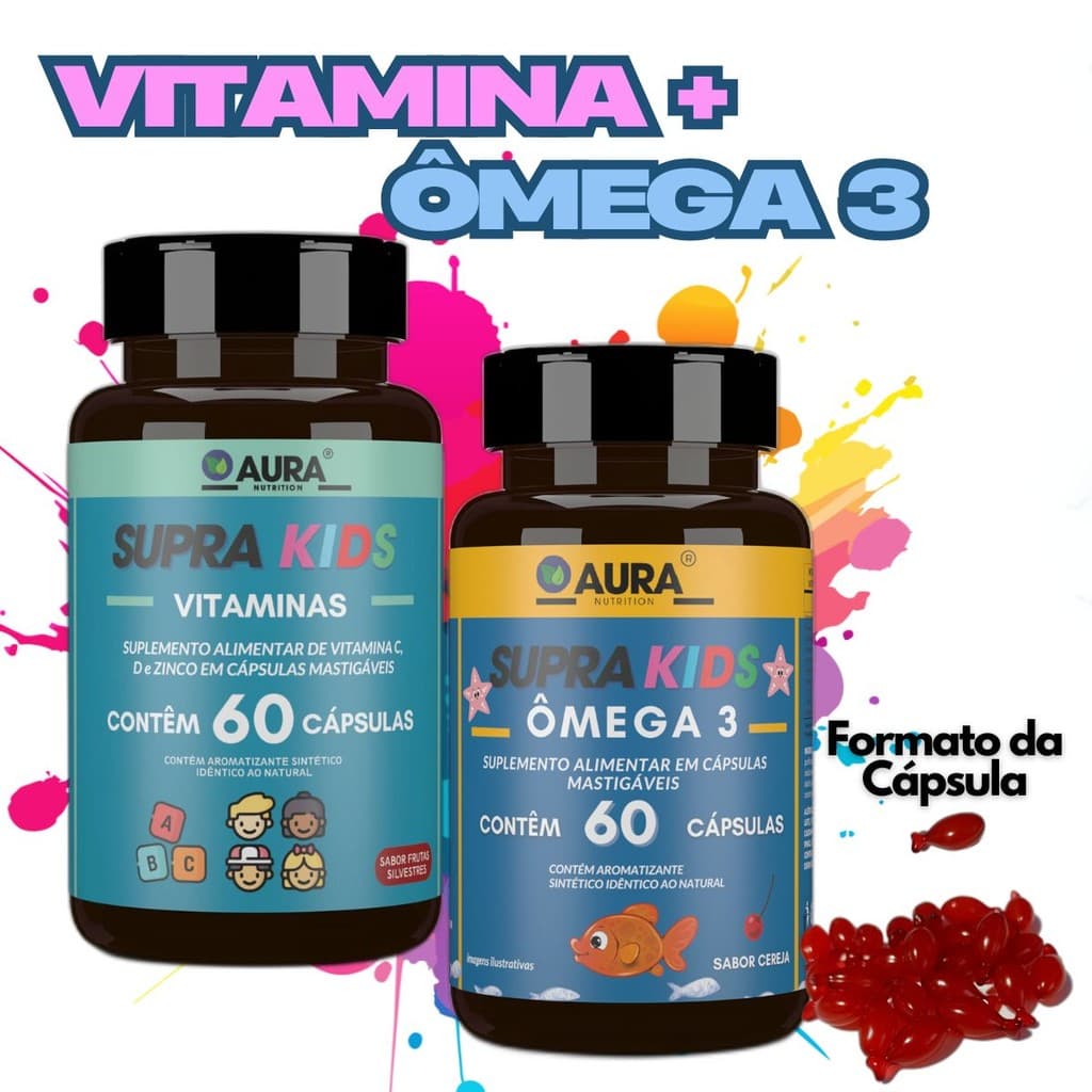 Vitamina Supra Kids 60 Cápsulas + Ômega 3 Supra Kids Mastigável Sabor Cereja 60 Cápsulas - Aura Nutrition
