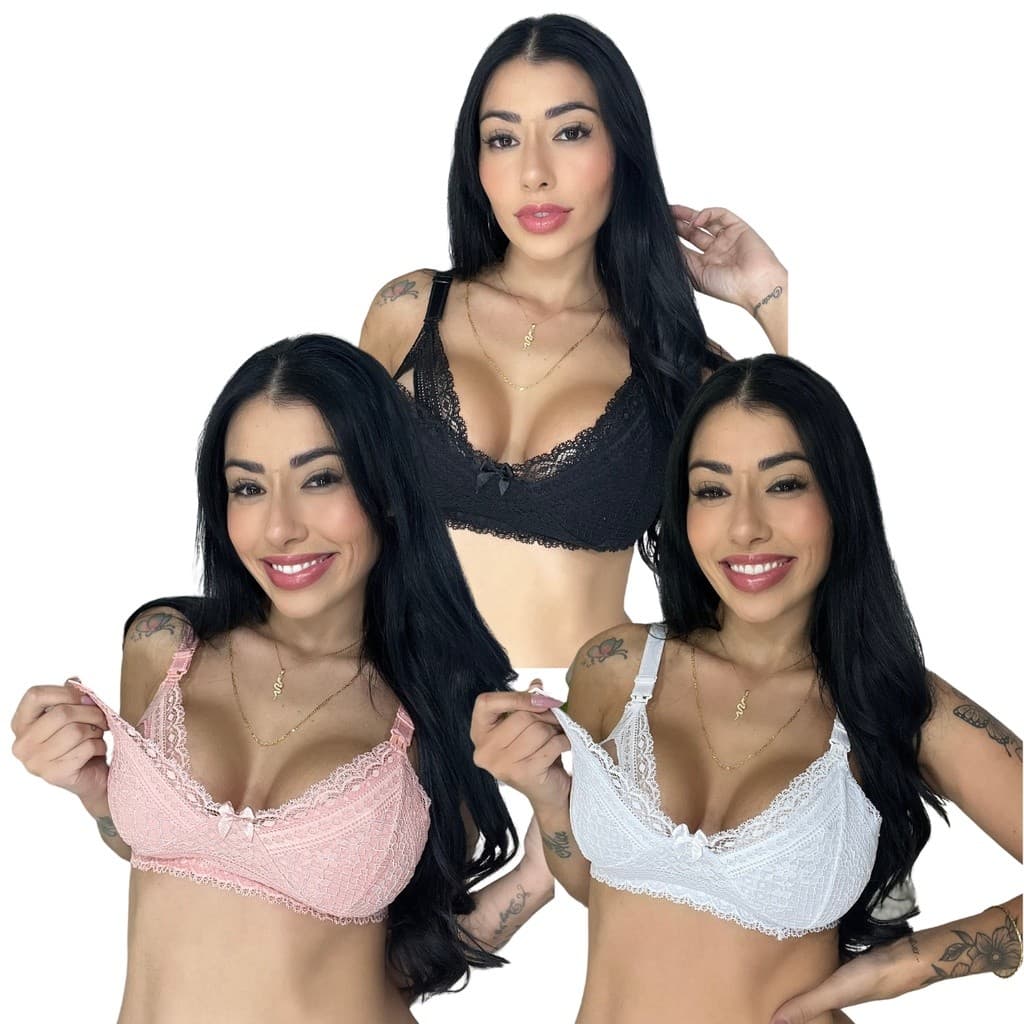 Kit 3 Sutiã Lingerie Amamentação Reforçado Renda Gestante Pós Parto