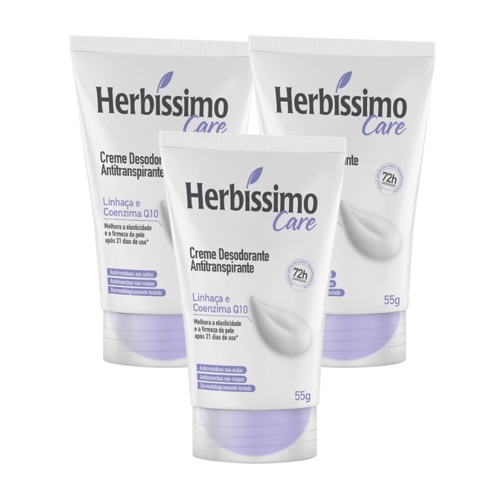 Kit Creme Desodorante Antitranspirante Herbíssimo Care Linhaça E Coenzima Q10 55g (3 unidades)