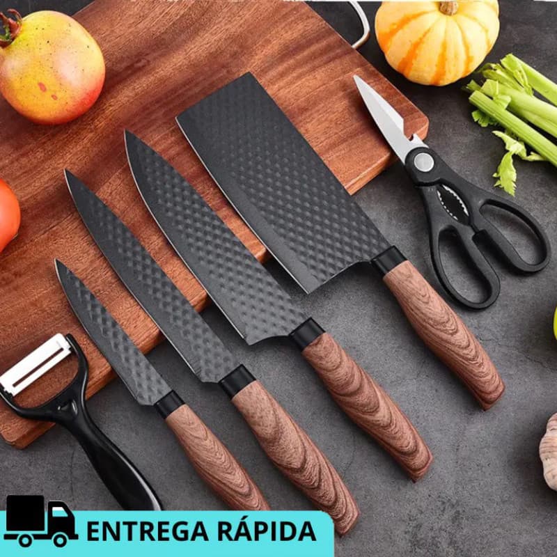Kit 6 Peças Conjunto de Faca Churrasco Carne Legumes Descascador Tesoura Profissional.