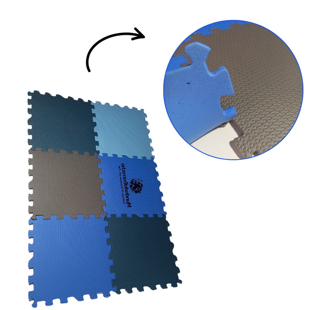  Kit Tatame EVA Infantil - 6 Peças em Azul e Cinza, Antiderrapante para Meninos