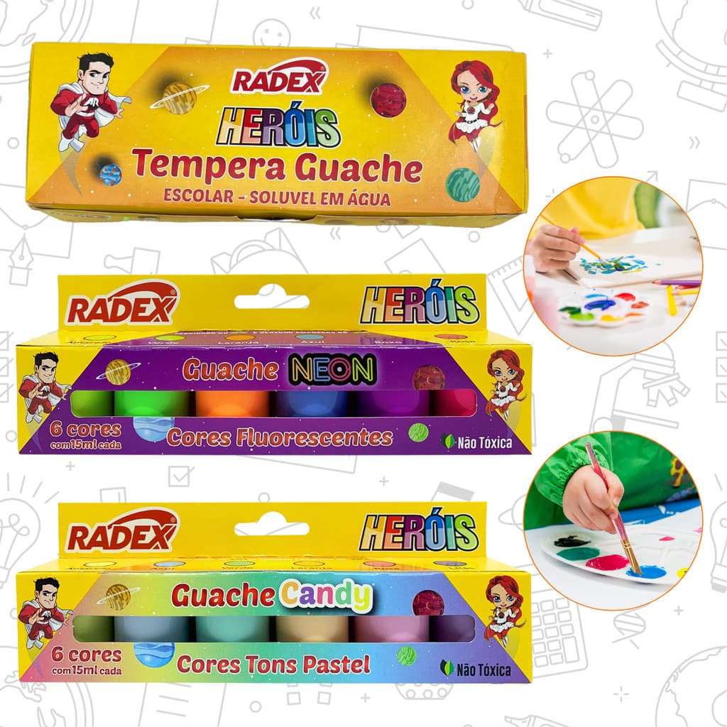 Kit 3 Tinta Guache Radex Caixa Com 12 Cores + 6 Cores Pastel + 6 Cores Neon 15ml Cada