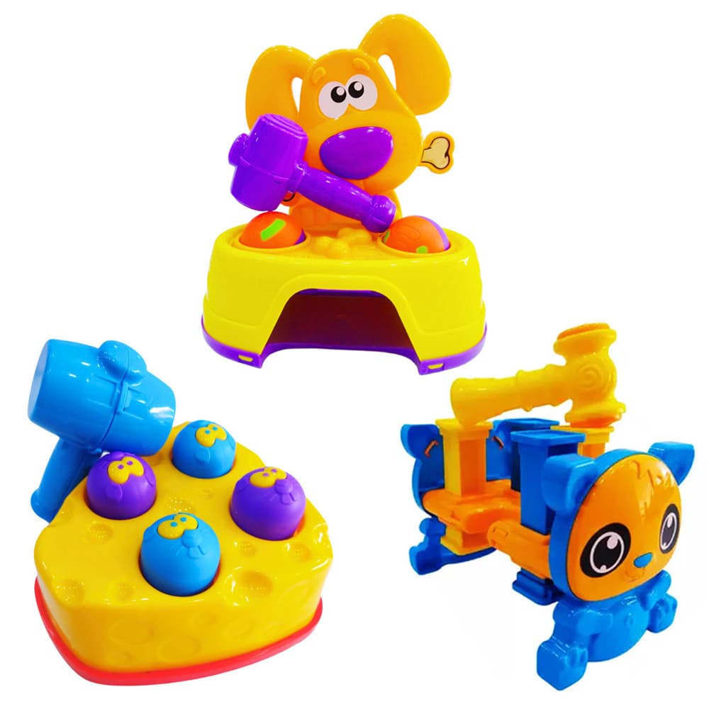 3 Brinquedos Didático Rata Tuff  Mesinha Martelar E Bate Dog