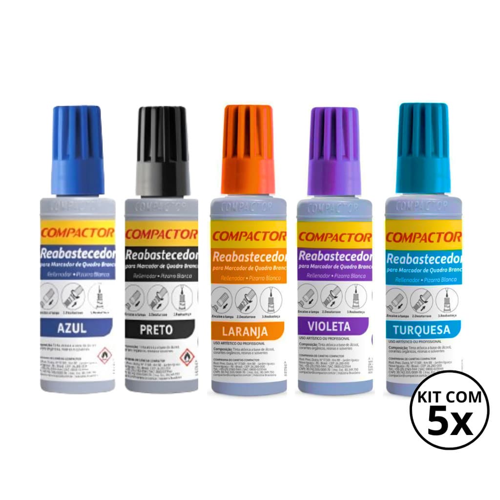Kit 5 Reabastecedores  Refil Para Quadro Branco Compactor  30ml