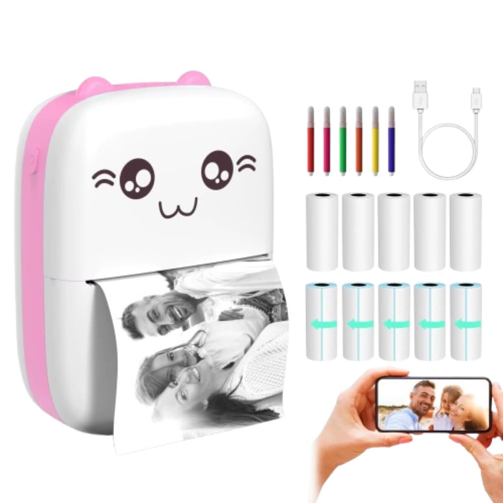 Kit Mini Impressora Portátil Recarregável Térmica Gato Roso