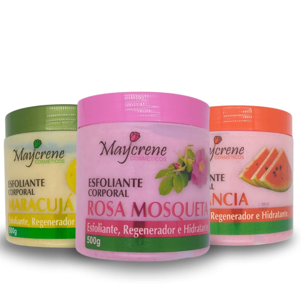 Kit 3 Esfoliantes Corporal  Rosa Mosqueta + Maracuja + Melancia Corporal Cheiroso Loção Dia a Dia Maycrene