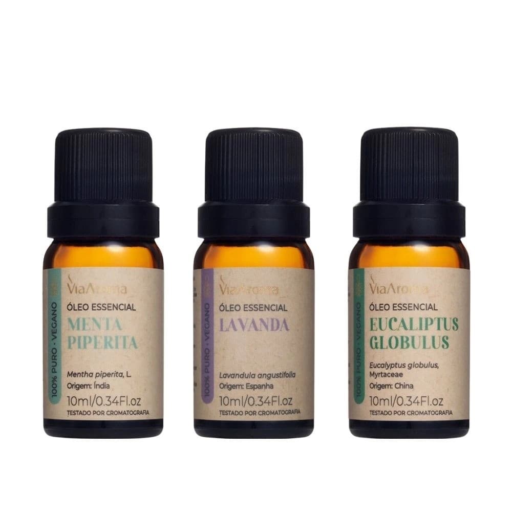 Via Aroma Kit 3 Óleos Essenciais – Eucaliptus Globulus, Lavanda e Menta Piperita aromaterapia puro 100% naturais vegano