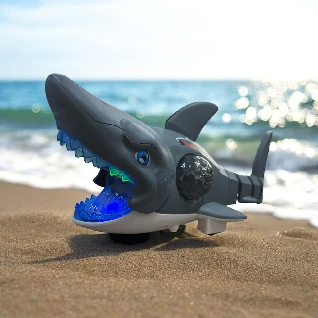 Tubarão Shark Peixe Fujão Robô Luz Led Sons Bate E Volta Brinquedo Musical a Pilha Peixinho Tubarao