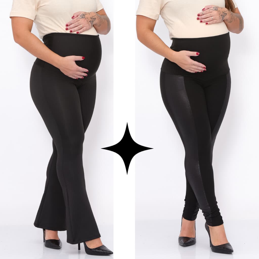 KIT 2 Peças Calças Flare Gestante +  Legging Montaria Cirre Maternidade Preta Zero Transparencia