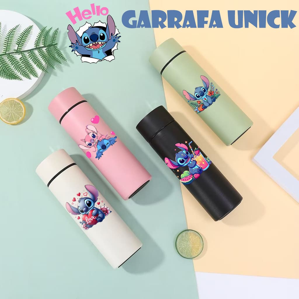 Garrafa stitch Infantil térmica inox termometro digital led inficador de temperatura 500ml HONG