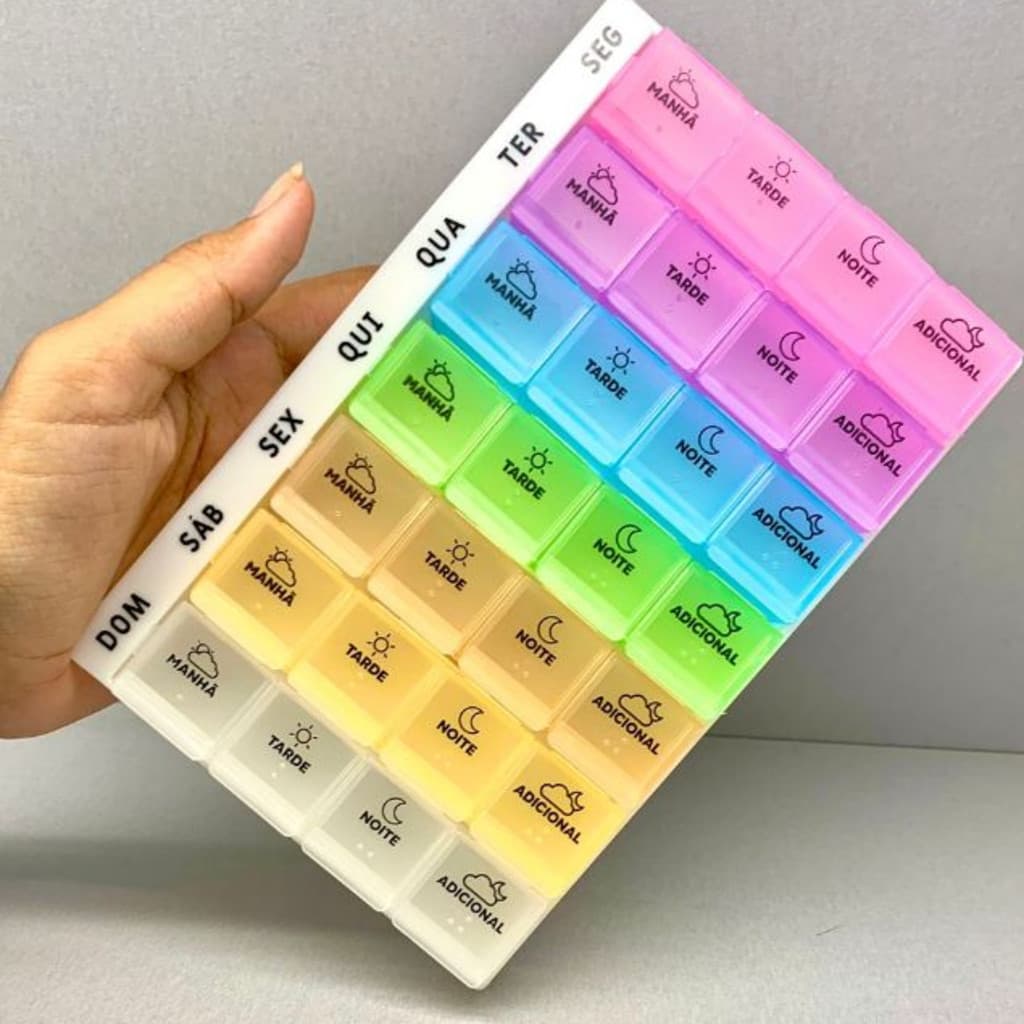 Porta Comprimidos Semanal 11x18cm Com 28 Compartimentos Multicoloridos Útil E Prático Remédios