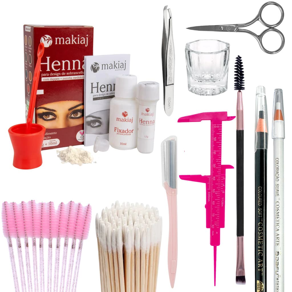 Kit Sobrancelha Henna makiaj+Palito+Navalha+Paquímetro+Tesoura+Pincel+Dappen+Lápis Dermatografico