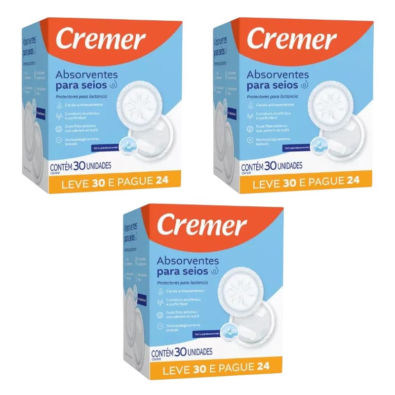 Kit 3x Absorvente Para Seios Cremer Toque Suave 30un Cada