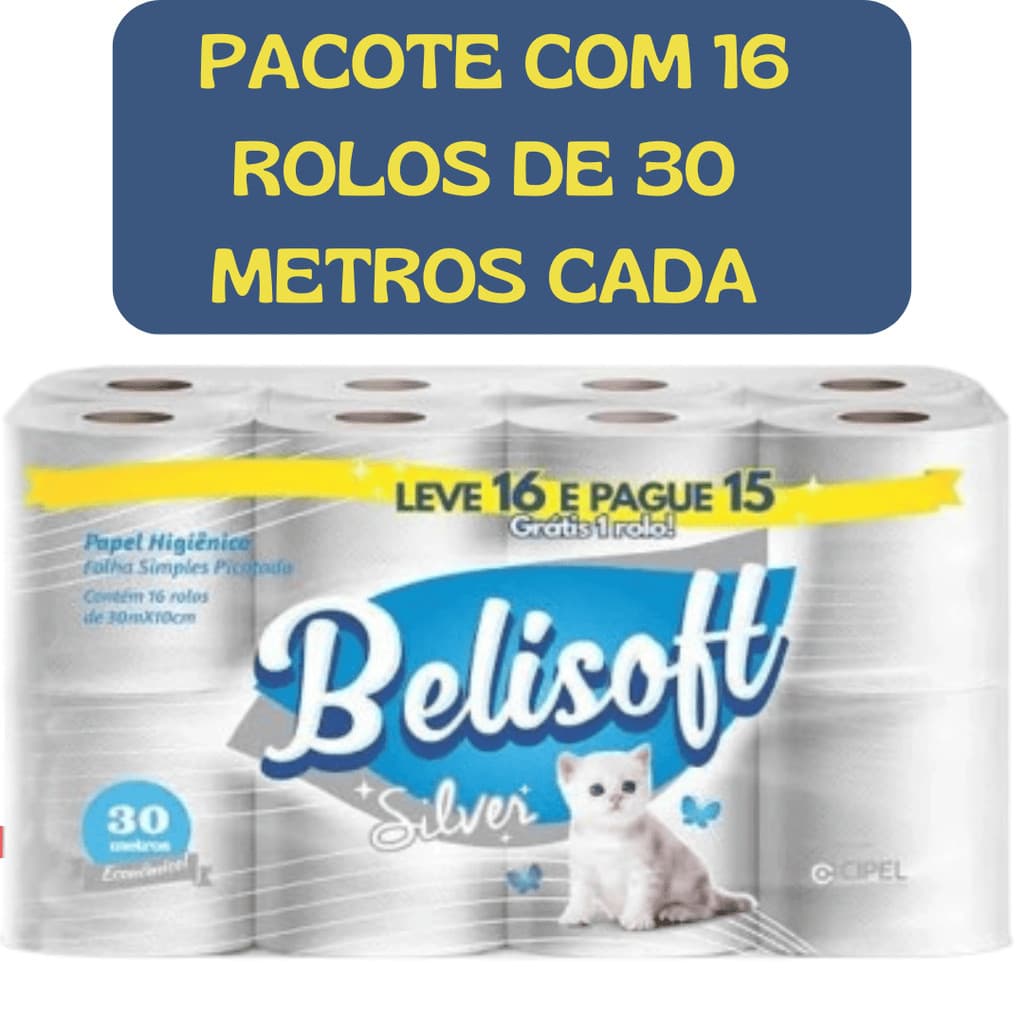 Papel Higiêncio Belisoft Ssilver BR II - Contém 1 pacote com 16 rolos de 30 Metros - FL SIMPLES CUBO