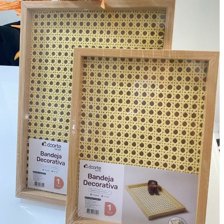 Bandeja Decorativa Retangular Organizadora Moderna Palha c/ Vidro Palhinha Italiana Redinha Rendinha