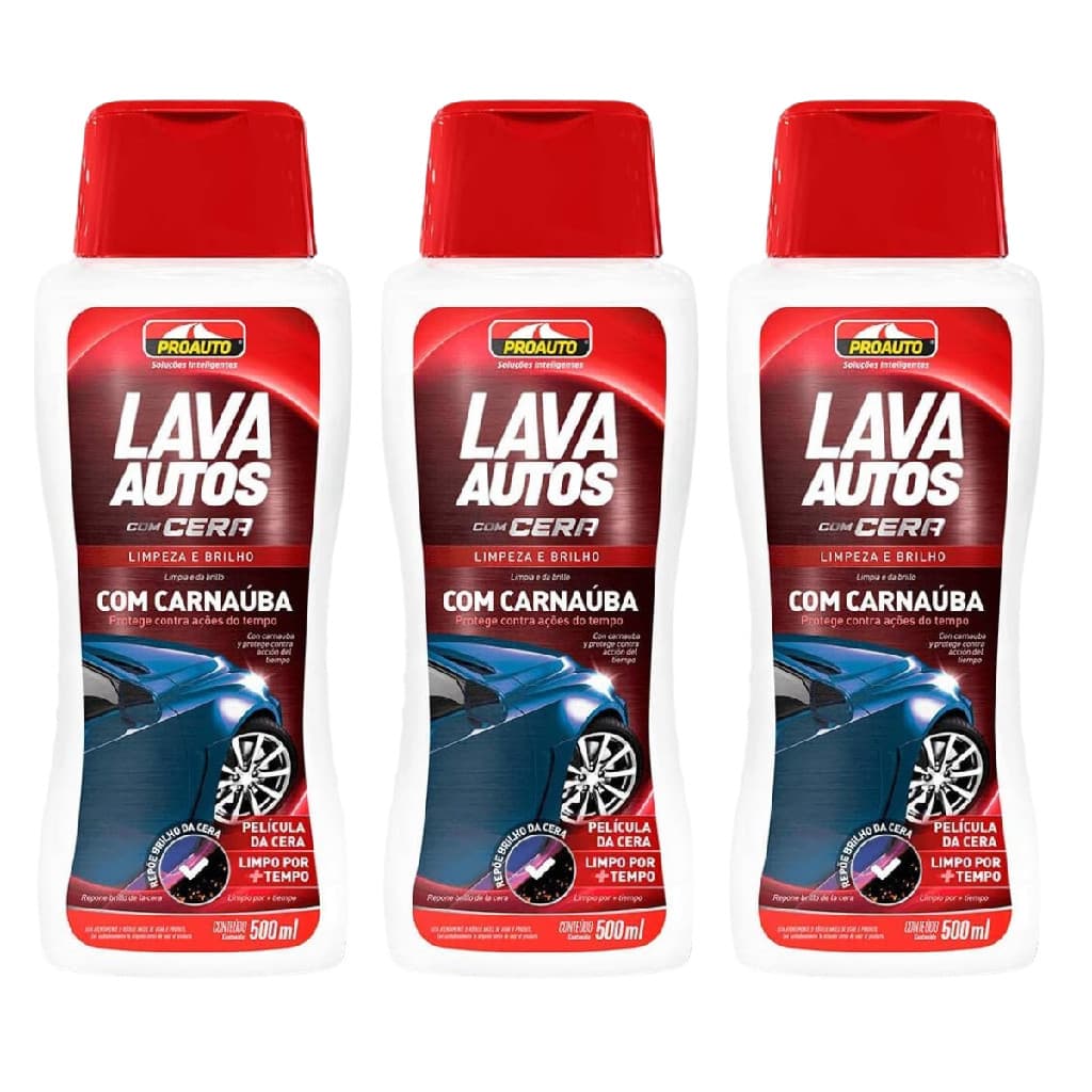 Kit C/ 3  Shampoo Lava Autos C/ Cera Brilho total Proauto 500ML