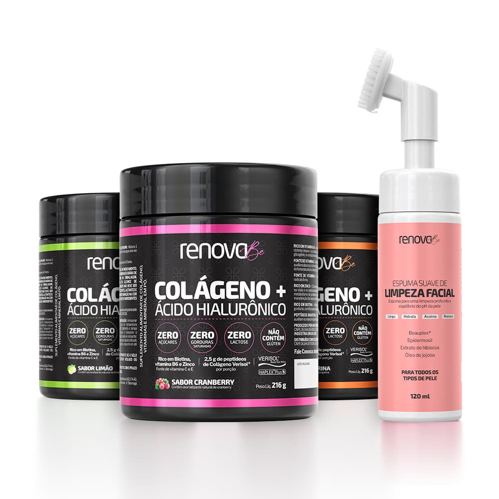 Kit 3Potes Collagen Hidrolisado Verisol + Espuma Limpeza Facial - Renova Be
