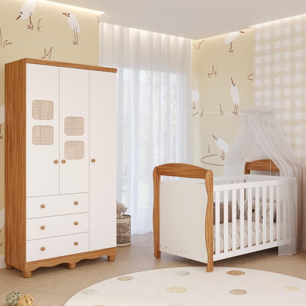 Quarto Bebê Completo Berço Americano Marquesa 3em1 Guarda Roupas 3 Portas 3 Gavetas 100% MDF Telinha