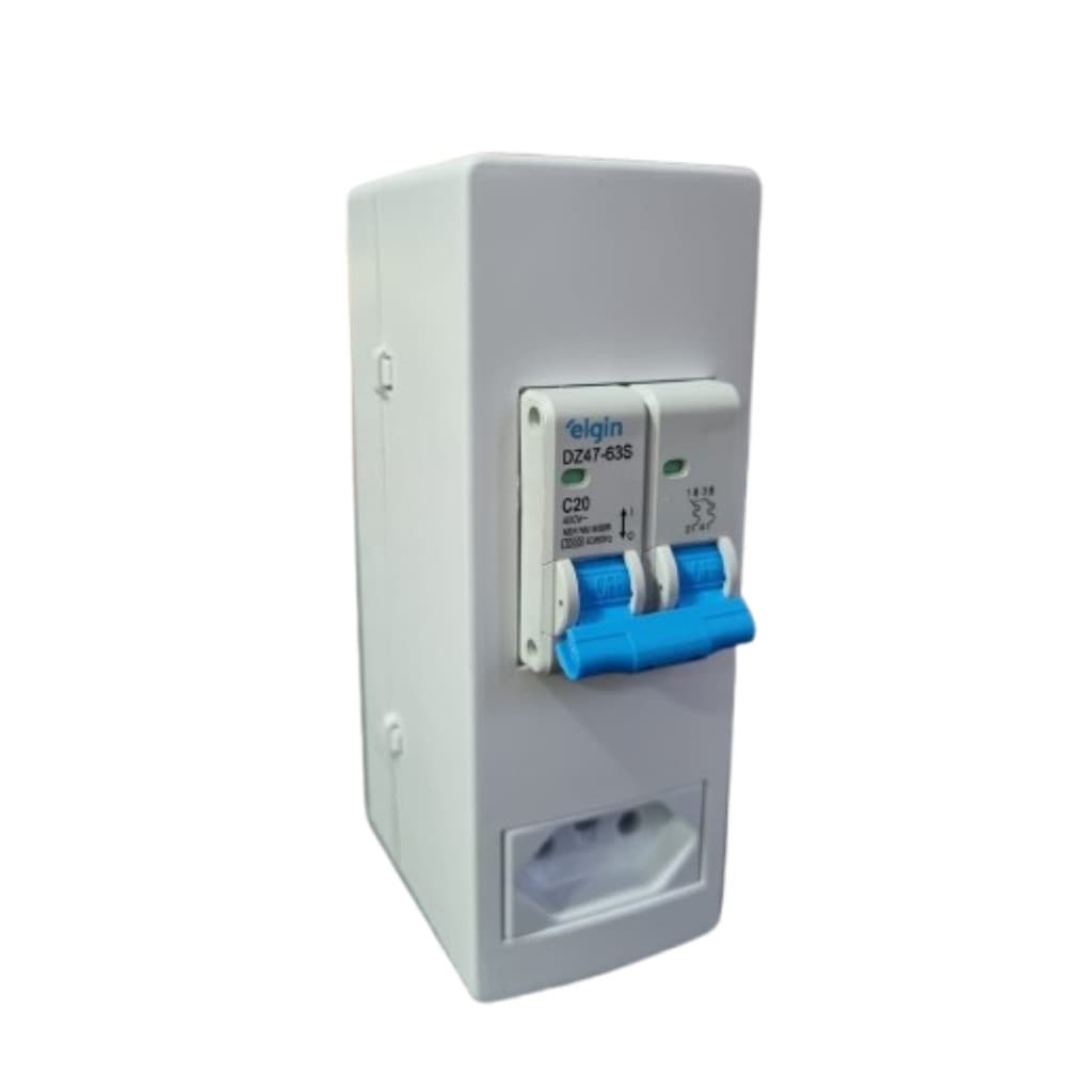 CAIXA SOBREPOR PARA 1-2 DISJUNTOR COM TOMADA BRANCO + DISJUNTOR BIPOLAR